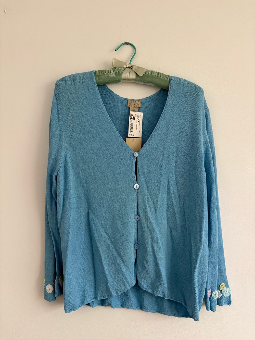 NWT Vintage Sigrid Olsen Sport Knit Cardigan Floral Embroidered Sleeve Size XL
